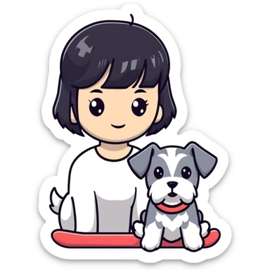 Girl with short black hair and bangs holding a white schnauzer dog sticker
