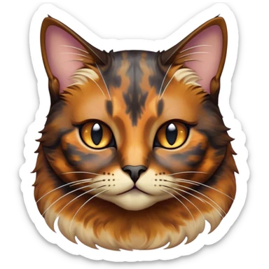 Cinematic Noble Tortoiseshell Cat Portrait Emoji, Poised and dignified, showcasing a luxurious, mottled fur of rich browns and blacks, with elegantly arched whiskers and a determined yet gentle expression, simplified yet meticulously detailed, glowing with a subtle, regal radiance, high shine, embodying quiet nobility and refined charm, soft glowing outline, capturing the essence of a sophisticated tortoiseshell cat exuding quiet authority! sticker