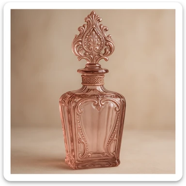 elegant glass perfume bottle in pink, ornate stopper, luxurious and aesthetic look sticker