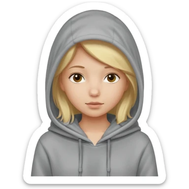 blonde girl with her head covered in a sweatshirt and hood sticker