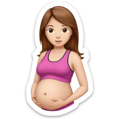 "Pregnant woman with visible belly skin, wearing sportswear, with long brown hair and fair skin."
 sticker
