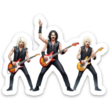Icon for Heavy Metal Music: 4 men band on stage with electric guitars, drums and intense lighting. 4 Musicians headbanging, surrounded by energy and stage effects, capturing the power and intensity of a metal concert. Transparent background. sticker
