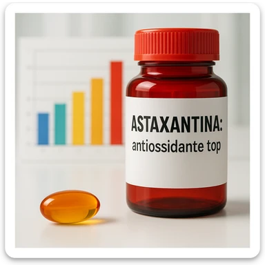 hyper realistic Astaxantina with colorful column chart, orange and golden capsule, red bottle, text 'Astaxantina: antiossidante top', clinical atmosphere, light background sticker