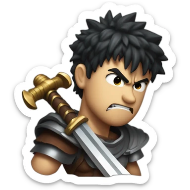angry berserk guts carrying a huge sword on his shoulder framed on his bust sticker