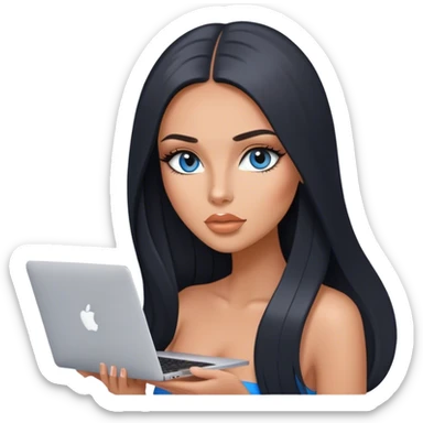 Glamours tanned very beautiful girl with pump peach nude lips and black straight smooth long hair, blue-grey eyes with MacBook sticker