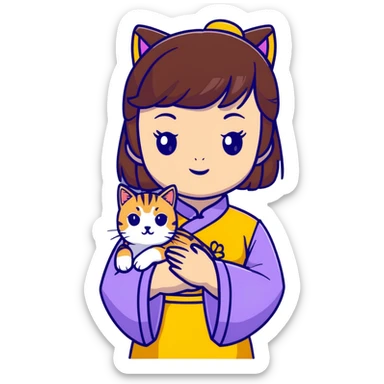 girl with brown hair and bangs wearing yellow qipao with gray tabby cat sticker