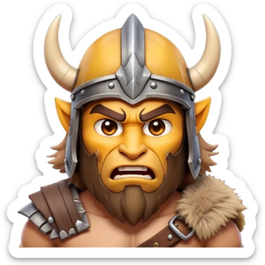 Clash of Clans aesthetic: Cinematic Fierce Barbarian Portrait Emoji, Poised and bold with a rugged yet cartoonish build in tattered furs and a horned helmet, his face rendered in a natural skin tone (not yellow), expressive bright eyes and a confident smirk, Simplified yet dynamic features, highly detailed, glowing with a vivid, adventurous aura, high shine, heroic and spirited, stylized with an air of medieval warrior charm, focused and energetic, soft glowing outline, capturing the essence of a fearless barbarian adventurer ready to lead his clan with spirited valor! sticker