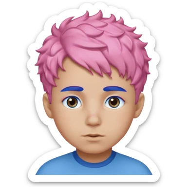 boy with short, curly pink hair, matching blue eyebrows, light brown skin, and a neutral facial expression. sticker