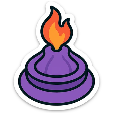 sliced onion stacked to look like a volcano with fire erupting from the top sticker