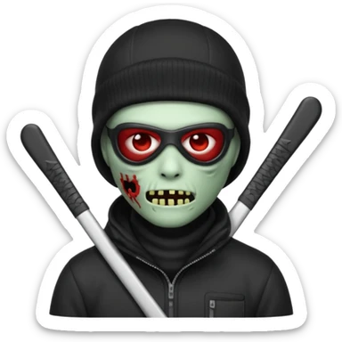 Zombie Emoji AppleIOS Style, Black Hair, SkiMask on Sideways Head, and Black shirt sticker