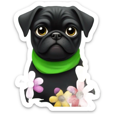 Black pug , surrounded by flowers, holding a green sign that says “good luck”  sticker