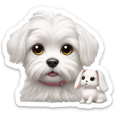 white maltese with small toy of rabbit shape doll sticker