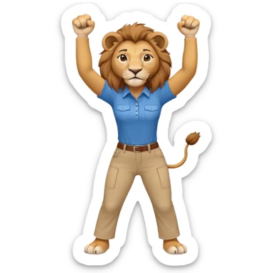 friendly anthropomorphised female lion in a shirt and pants with fist raised, energetic pose sticker