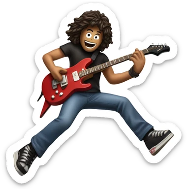 Eddie an Halen jumping, straddle-style with his signature guitar sticker