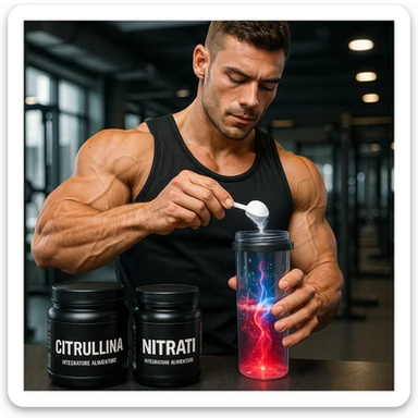 athletic bodybuilder, not too bulky, pouring Citrulline and Nitrates powder into a transparent shaker, visual effect of red and blue energy in the liquid, packages with Italian labels, defined but not excessive muscles, modern gym, realistic details sticker