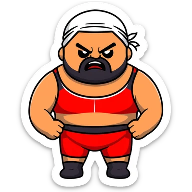 White skin fat guy with prominent black durag, black beard, black eyes in a red and black wrestling singlet with angry face sticker