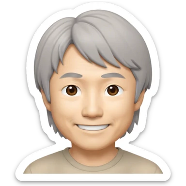 ​Cinematic Realistic Portrait of a Smiling Shigeru Miyamoto, depicted with warm, approachable features, gentle grey-tinted hair, and kind, expressive eyes, set against a subtle backdrop hinting at iconic video game imagery, rendered with lifelike textures and soft, inviting lighting that captures his innovative spirit, sticker