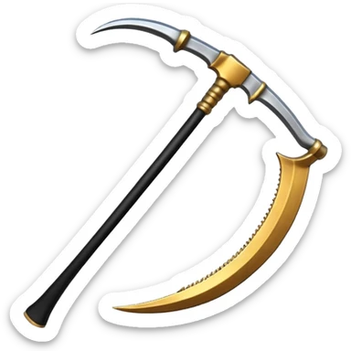 The scythe of the God of Death, a symbol of death, is long and straight, entirely in deep black. sticker