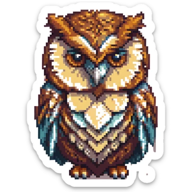 pixel art curious owl, retro style, warm muted colors, subtle grain, nostalgic aesthetic sticker