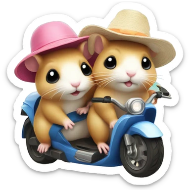 Two hamsters wearing swimwear and sun hat driving by motorbike on the beach sticker