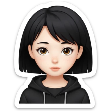 Cute anime girl in dark tones with a blushing face and freckles, with short black hair, and a dark trend style sticker