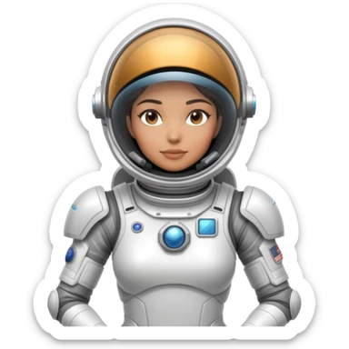 Futuristic female astronaut in a high-tech spacesuit, sleek helmet with reflective visor, detailed sci-fi armor, standing pose, science fiction aesthetic sticker