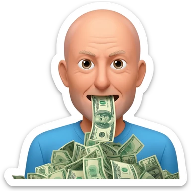 A picture of a bald man sucking up dollars as the go by sticker