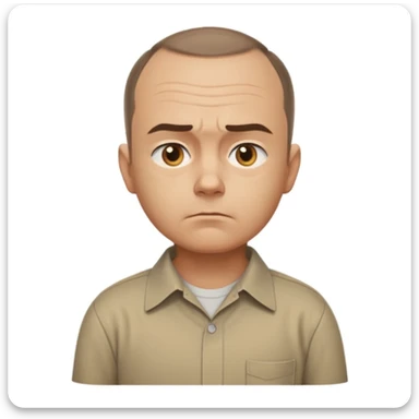 Carl from Sling Blade, serious expression, recognizable features, chin sticking out, slouching posture, no glasses, shirt with collar, side view, entire body visible, standing, three-quarter face angle, head sticking forward, emoji style sticker