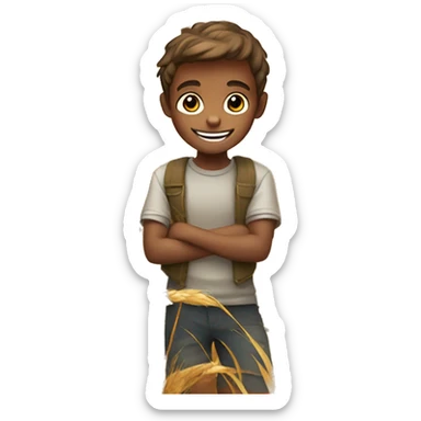 smiling boy in wheat field with monkey sticker