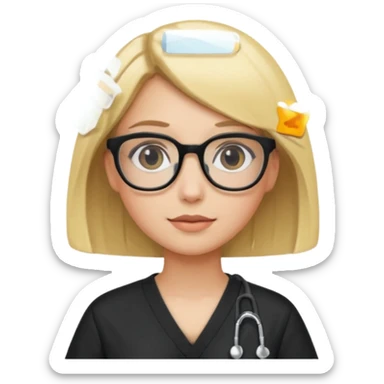 A girl in black scrubs with a blonde bob and glasses sticker