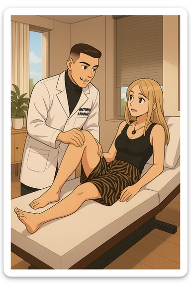 fai un webtoon/manga a colori con questo kinesiologo in camice bianco (fagli la scritta "ANTONIO ANANIA" SUL CAMICE) CHE SVOLGE UN TEST NEUROMUSCOLARE SOLLEVANDO UNA GAMBA ALLA RAGAZZA CHE è STESA SU UN LETTINO BIANCO. STANZA SEMPLICE E MODERNA, DURANTE IL TEST I DUE DIALOGANO TRA LORO. NON FARE I FUMETTI, FAI SOLO LORO COME SE DIALOGASSERO sticker