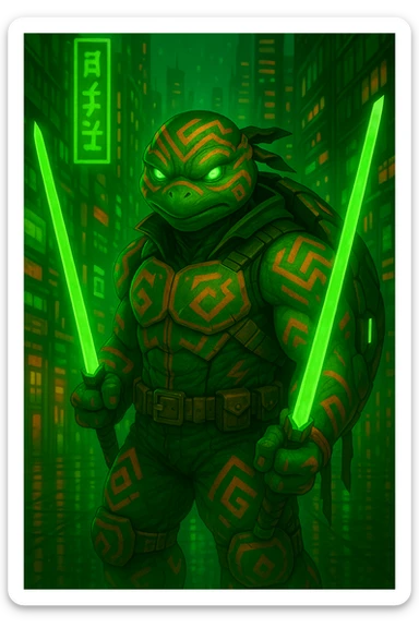 Change the color scheme to green and orange while keeping the neon-lit dystopian city background vibrant. Ensure the character's tribal markings and tech details remain visible and clear in the image. sticker
