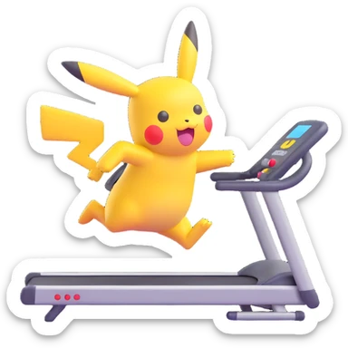 Pikachu running on a treadmill to indicate loading, lively and fun, modern emoji style sticker