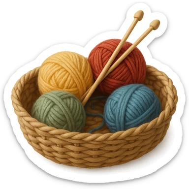cozy basket of yarn and knitting needles, soft and inviting sticker