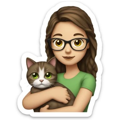 girl with brown hair, green eyes, and square frame glasses holding a cat sticker