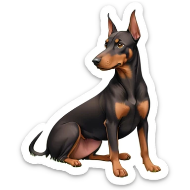 Close-up of a Doberman Pinscher sitting on lush green grass, looking alert and majestic. The background features a beautiful, serene nature view with rolling hills and bright blue skies. The dog’s sleek black and tan coat shines under the sun. Transparent background. sticker