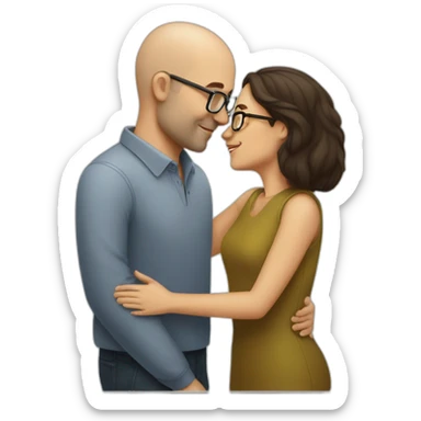 dark brown haired woman kissing bald man with glasses sticker