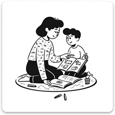 educator or speech therapist with child, who helps child with lessons sticker