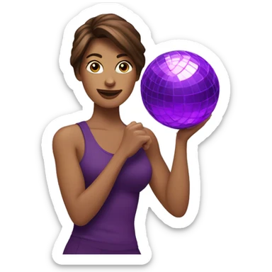 Brown hair woman holding purple disco ball and dumbbell sticker