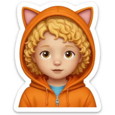 little kid Toddler in orange cat hoodie, curly blonde hair sticker