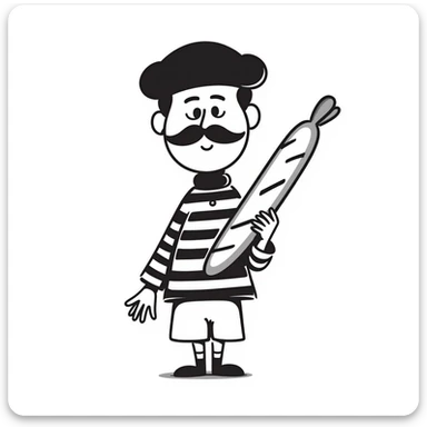 A Frenchman with a moustache and a beret, holding a baguette, wearing a black and white striped shirt, hand-drawn doodle style. sticker