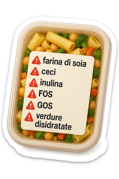 SU QUESTO STILE FAI UN EMOJI STILE IPHONE 3D DI UN insalata di pasta precotta preconfezionata con ETICHETTA CON GLI INGREDIENTI SCRITTI, "farina di soia, ceci, inulina, FOS, GOS, verdure disidratate" accanto ad ogni nome scritto mettici un segnale di allarme, FALLO MOLTO REALISTICO IN 3D sticker