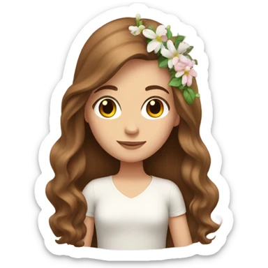 White girl with long brown hair and flowers sticker