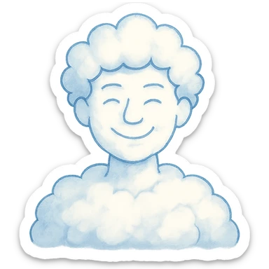 bright and recognizable person from shoulders, front view, composed of cloud-like shapes, no text sticker