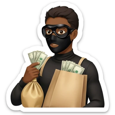 Robber, black mask, holding a bag of money, side view, male sticker