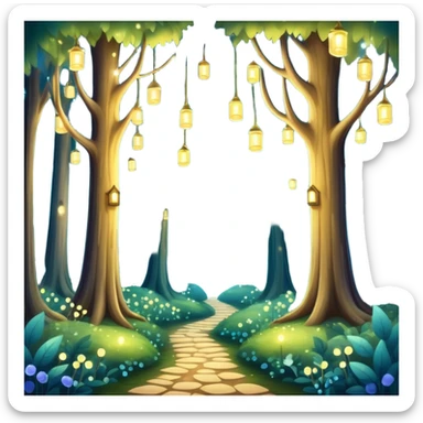 enchanted forest with tall trees and sparkling lights in a whimsical atmosphere sticker