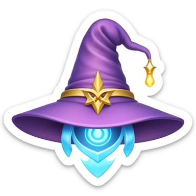 Clash of Clans aesthetic: Cinematic Playful Wizard's Hat Emoji, rendered in a 3D vector-style similar to standard emojis with minimal shading and bold, simplified shapes. A compact, isometric pointy hat with a wide brim adorned with mystical symbols and subtle enchanted shimmer, softly glowing with a magical whimsical charm. Simplified yet unmistakably iconic, highly detailed and consistent, glowing with a soft radiant glow and high shine. Stylized with a touch of classic sorcery and a soft glowing outline, capturing the essence of a legendary wizard’s hat with a friendly, playful manner! sticker