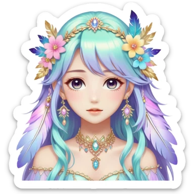 Beautiful gorgeous anime lady with beautiful iridescent-special-hair, fashion aesthetic, ethereal, fairycore, pastelcore, feather, flower, gems, accessories, jewelries, gold, colorful sticker