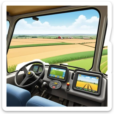 a view from the tractor cabin, with the dashboard in focus, overlooking a vibrant rural landscape. Inspired by Farming Simulator 22, the scene includes fields, crops, and distant barns under a bright sky. The design highlights the immersive experience of farm management. transparent background sticker