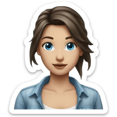 brunette girl with sky blue eyes in streaky shirt an jeans sticker